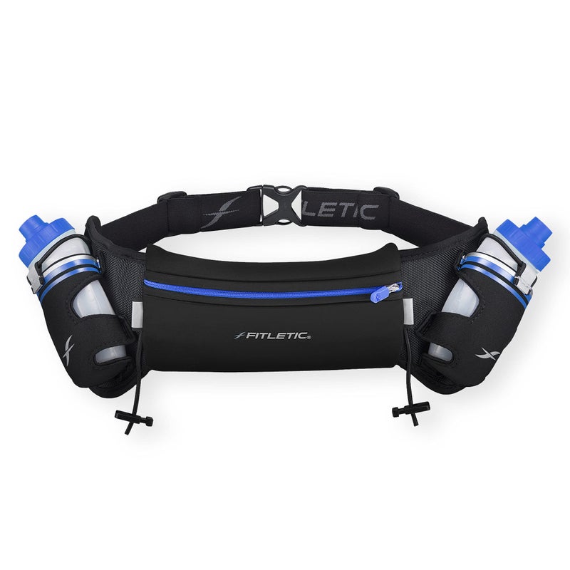 Fitletic Hydration Running Belt With Water Bottles For Men & Women â€“ 2 Quick Flow 8oz Running Water Bottles, Patented Bounce Free Design, Water Resistant Pouch Fits All Phones â€“ Hydra 16 - Image 1